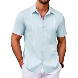 imageCOOFANDY Mens Cuban Guayabera Shirt Short Sleeve Button Down Shirts Casual Summer Beach ShirtsPale Blue