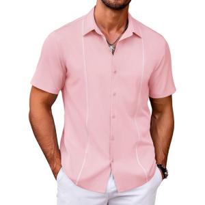 imageCOOFANDY Mens Cuban Guayabera Shirt Short Sleeve Button Down Shirts Casual Summer Beach ShirtsPink