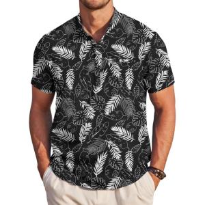 imageCOOFANDY Mens Henley Shirts Band Collar Short Sleeve Shirt Casual Summer Beach Shirt Hippie T Shirt Fashion Hawaiian ShirtBlack Palm Leaves