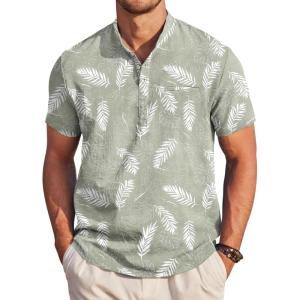 imageCOOFANDY Mens Henley Shirts Band Collar Short Sleeve Shirt Casual Summer Beach Shirt Hippie T Shirt Fashion Hawaiian ShirtGreen Palm Leaves