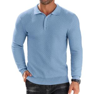 imageCOOFANDY Mens Knit Polo Shirts Long Sleeve Sweater Polo Lightweight Fashion Casual Collared T ShirtsAiry Blue