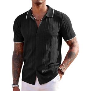 imageCOOFANDY Mens Knit Shirts Short Sleeve Button Down Polo Shirt Fashion Casual Summer Beach ShirtsClassic Black  White
