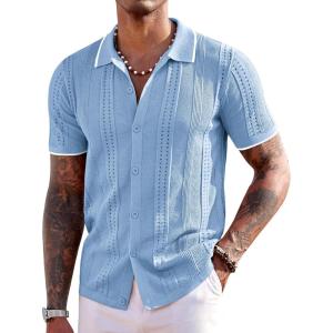 imageCOOFANDY Mens Knit Shirts Short Sleeve Button Down Polo Shirt Fashion Casual Summer Beach ShirtsClassic Light Blue  White
