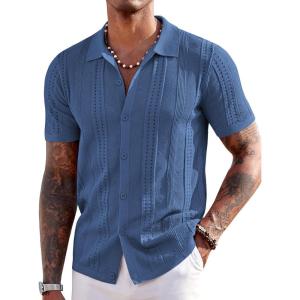 imageCOOFANDY Mens Knit Shirts Short Sleeve Button Down Polo Shirt Fashion Casual Summer Beach ShirtsDenim Blue