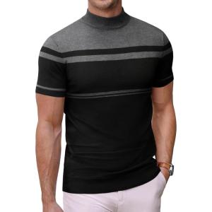 imageCOOFANDY Mens Mock Turtleneck Sweater Short Sleeve Solid Color TShirts Basic Slim Fit Knitted Pullover TeesStriped Grey