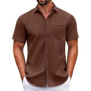 imageCOOFANDY Mens Short Sleeve Casual Button Down Shirts Summer Untucked Dress Shirts with PocketBrown