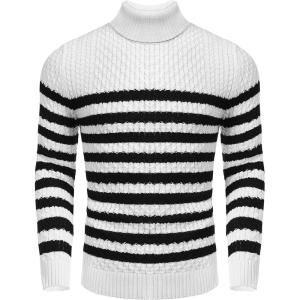 imageCOOFANDY Mens Slim Fit Turtleneck Sweater Casual Knitted Twisted Pullover Solid SweatersBlackWhite Stripes