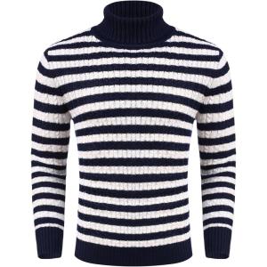 imageCOOFANDY Mens Slim Fit Turtleneck Sweater Casual Knitted Twisted Pullover Solid SweatersBlueWhite Stripes
