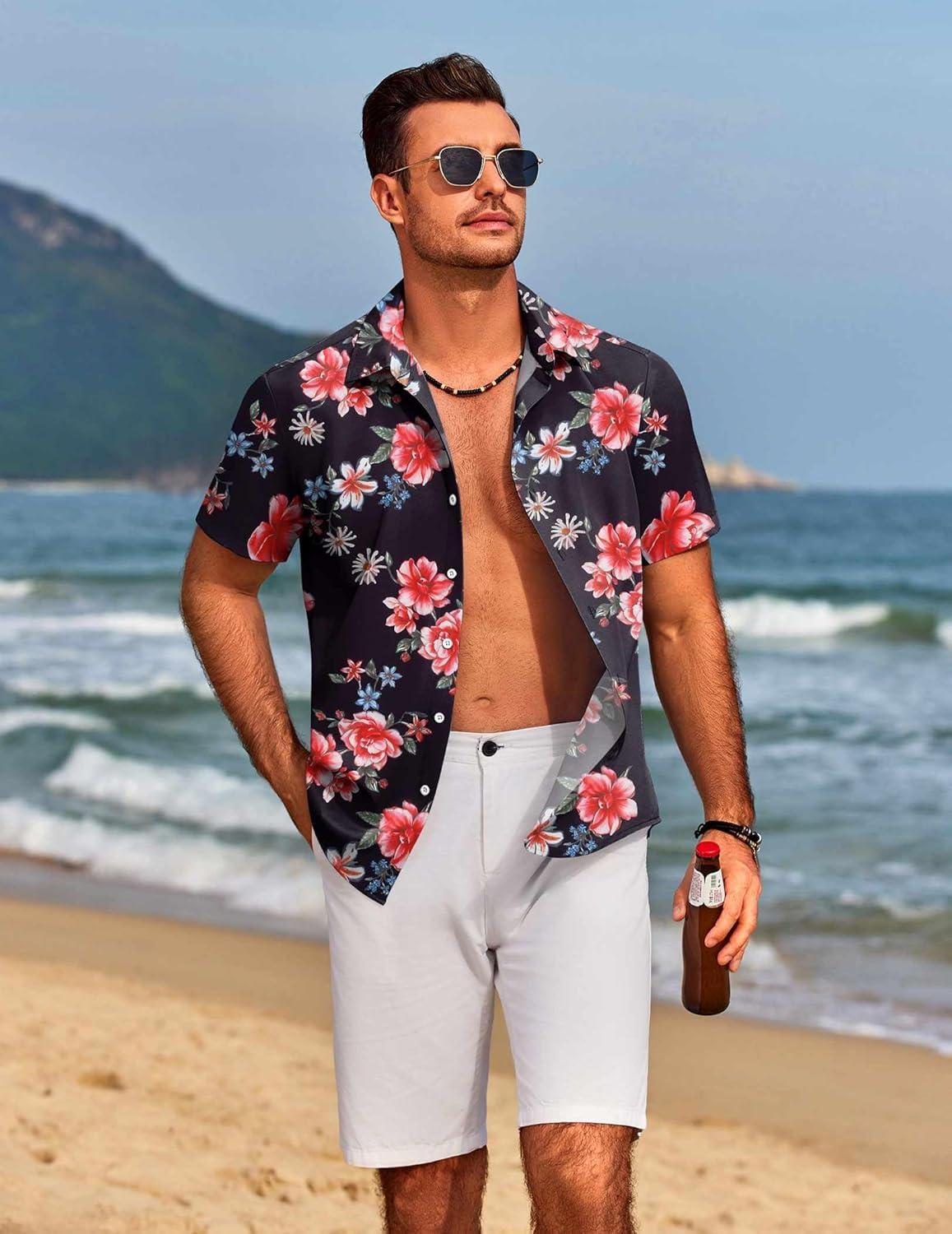imageCOOFANDY Mens Hawaiian Shirts Short Sleeve Floral Button Down Shirt Tropical Casual Summer Beach ShirtsBlack  Vintage Floral