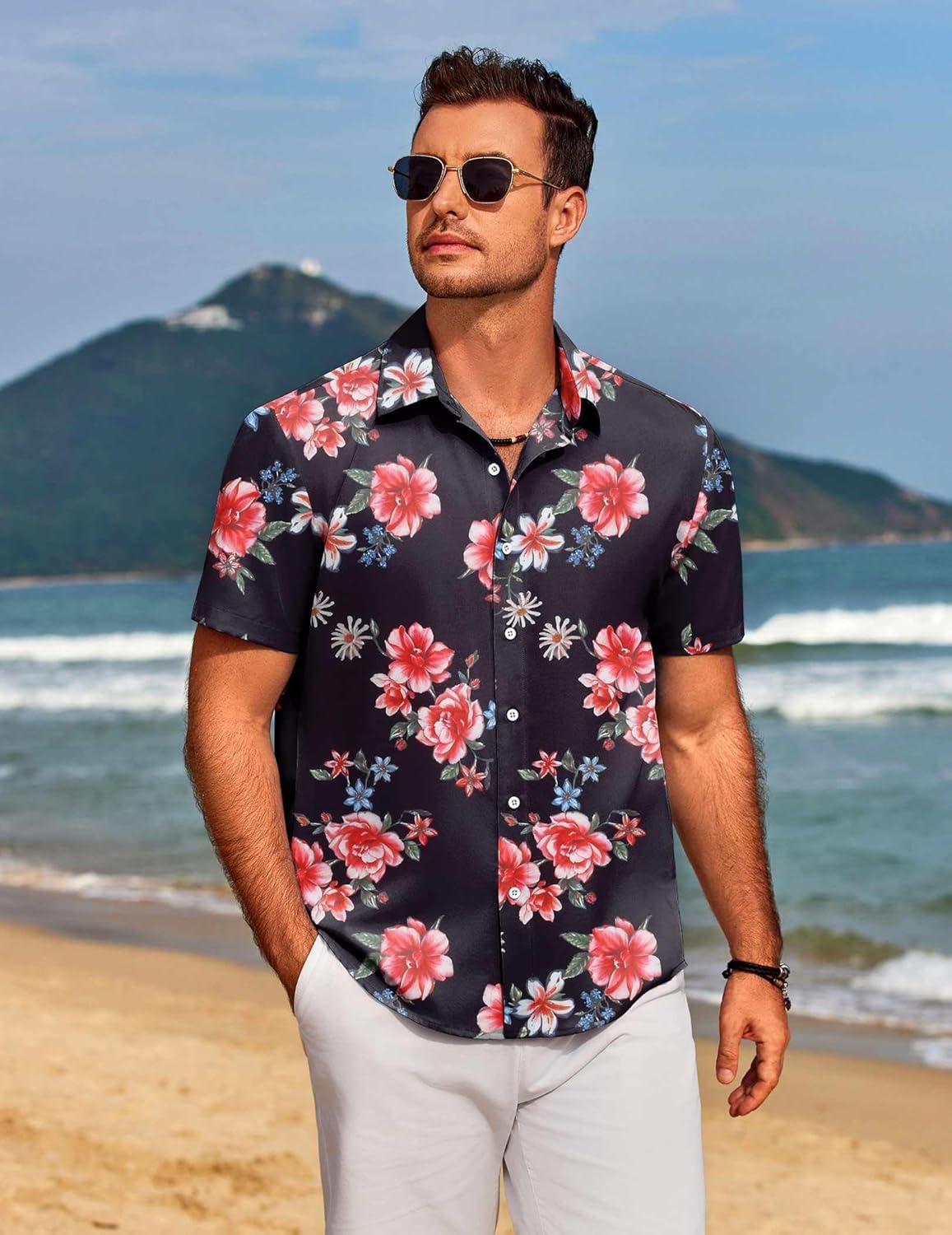 imageCOOFANDY Mens Hawaiian Shirts Short Sleeve Floral Button Down Shirt Tropical Casual Summer Beach ShirtsBlack  Vintage Floral