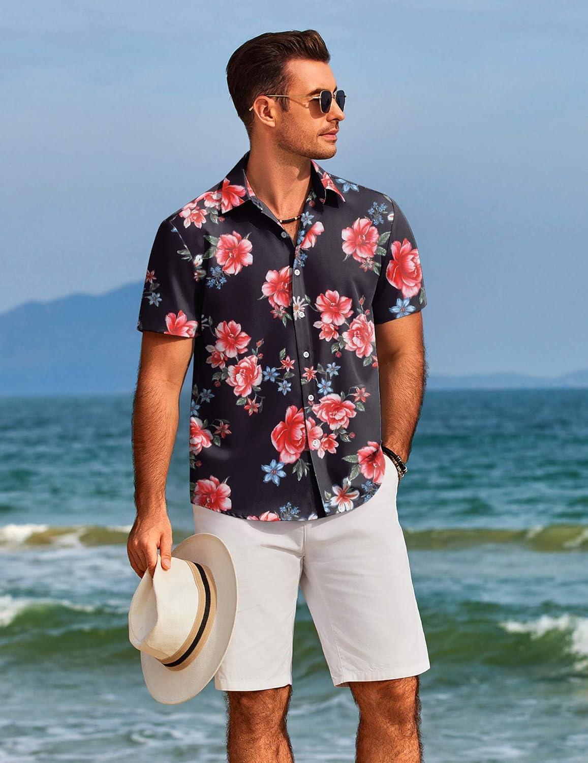 imageCOOFANDY Mens Hawaiian Shirts Short Sleeve Floral Button Down Shirt Tropical Casual Summer Beach ShirtsBlack  Vintage Floral