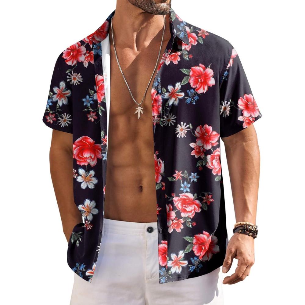 imageCOOFANDY Mens Hawaiian Shirts Short Sleeve Floral Button Down Shirt Tropical Casual Summer Beach ShirtsBlack  Vintage Floral