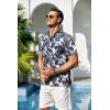 imageCOOFANDY Men Casual Henley Tee Shirt Short Sleeve Band Collar Summer Beach Textured TShirtBeige Black Leaves