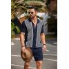 imageCOOFANDY Mens 2 Piece Outfit Vintage Short Sleeve Button Down Knit Polo Shirts Casual Beach Shorts SetsNavy Blue  White