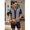 imageCOOFANDY Mens 2 Piece Outfit Vintage Short Sleeve Button Down Knit Polo Shirts Casual Beach Shorts SetsNavy Blue  White