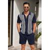 imageCOOFANDY Mens 2 Piece Outfit Vintage Short Sleeve Button Down Knit Polo Shirts Casual Beach Shorts SetsNavy Blue  White