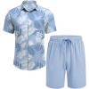 imageCOOFANDY Mens Hawaiian 2 Piece Outfits Summer Beach Matching Set Short Sleeve Floral Shirts and ShortsLeaf Light Blue