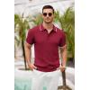 imageCOOFANDY Mens Knit Polo Shirts Short Sleeve Ribbed Textured Polo Shirt Lightweight Casual Golf Shirts Collared T ShirtWine Red White Striped