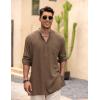 imageCOOFANDY Mens Linen Henley Shirts Long Sleeve Collarless TShirts Longline Kurta Beach Shirts with PocketBrown