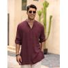 imageCOOFANDY Mens Linen Henley Shirts Long Sleeve Collarless TShirts Longline Kurta Beach Shirts with PocketWine Red