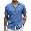 imageCOOFANDY Mens Casual Short Sleeve Button Down Shirts Cuban Linen Textured Shirt Summer Beach WearDenim Blue