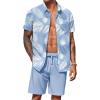 imageCOOFANDY Mens Hawaiian 2 Piece Outfits Summer Beach Matching Set Short Sleeve Floral Shirts and ShortsLeaf Light Blue