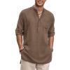 imageCOOFANDY Mens Linen Henley Shirts Long Sleeve Collarless TShirts Longline Kurta Beach Shirts with PocketBrown