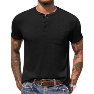imageCOOFANDY Men Casual Henley Shirt Short Sleeve Summer Basic T Shirt Pocket Soild Button Tee TopBlack