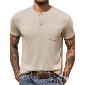 imageCOOFANDY Men Casual Henley Shirt Short Sleeve Summer Basic T Shirt Pocket Soild Button Tee TopCoffee1