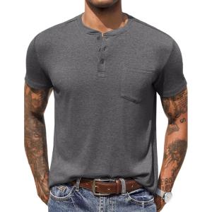 imageCOOFANDY Men Casual Henley Shirt Short Sleeve Summer Basic T Shirt Pocket Soild Button Tee TopDark Gray1