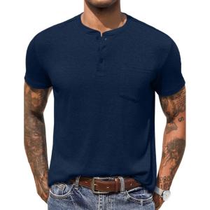 imageCOOFANDY Men Casual Henley Shirt Short Sleeve Summer Basic T Shirt Pocket Soild Button Tee TopDarkblue1