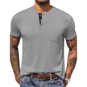 imageCOOFANDY Men Casual Henley Shirt Short Sleeve Summer Basic T Shirt Pocket Soild Button Tee TopGrey