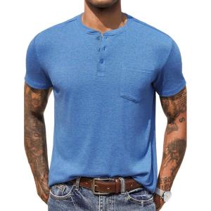 imageCOOFANDY Men Casual Henley Shirt Short Sleeve Summer Basic T Shirt Pocket Soild Button Tee TopLightblue 1
