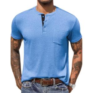 imageCOOFANDY Men Casual Henley Shirt Short Sleeve Summer Basic T Shirt Pocket Soild Button Tee TopLightblue