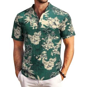 imageCOOFANDY Men Casual Henley Tee Shirt Short Sleeve Band Collar Summer Beach Textured TShirtDark Green Beige Coconut Leaves