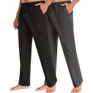 imageCOOFANDY Men Cotton Yoga Pants Casual Sweatpants Jogger Open Bottom Lounge Pants with Pockets2 Pack BlackDark Heather Grey