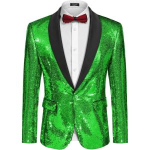 imageCOOFANDY Men Shiny Sequin Blazer Tuxedo Party Dinner Prom One Button Suit JacketGreen