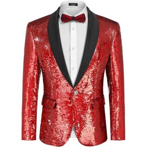 imageCOOFANDY Men Shiny Sequin Blazer Tuxedo Party Dinner Prom One Button Suit JacketRed2