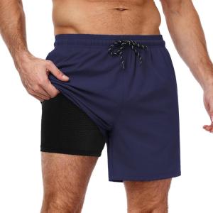 imageCOOFANDY Men Swim Trunk with Compression Liner 2 in 1 Swimwear Bathing Suit Quick Dry Board ShortNavy Blue