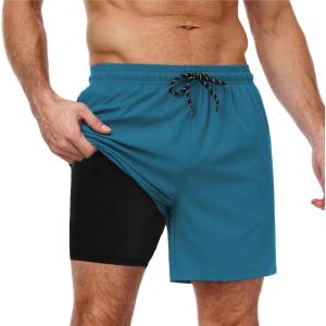 imageCOOFANDY Men Swim Trunk with Compression Liner 2 in 1 Swimwear Bathing Suit Quick Dry Board ShortPeacock Bluehollow Out Liner