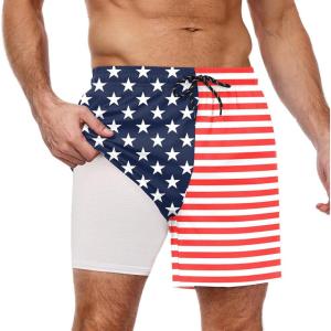imageCOOFANDY Men Swim Trunk with Compression Liner 2 in 1 Swimwear Bathing Suit Quick Dry Board ShortPrint American Flag 2