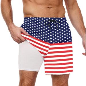 imageCOOFANDY Men Swim Trunk with Compression Liner 2 in 1 Swimwear Bathing Suit Quick Dry Board ShortPrint American Flag