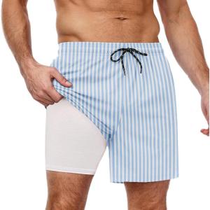 imageCOOFANDY Men Swim Trunk with Compression Liner 2 in 1 Swimwear Bathing Suit Quick Dry Board ShortPrint Blue Stripe