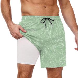 imageCOOFANDY Men Swim Trunk with Compression Liner 2 in 1 Swimwear Bathing Suit Quick Dry Board ShortPrint Green Leaves
