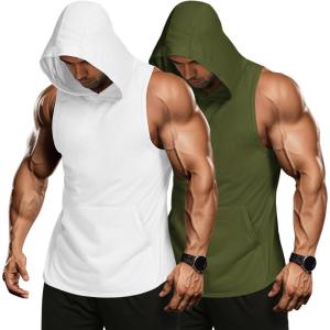 imageCOOFANDY Mens 2 Pack Workout Hooded Tank Tops Bodybuilding Muscle Cut Off T Shirt Sleeveless Gym HoodiesWhitegreen