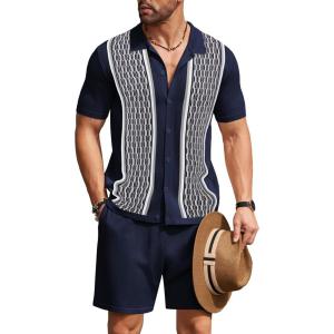 imageCOOFANDY Mens 2 Piece Outfit Vintage Short Sleeve Button Down Knit Polo Shirts Casual Beach Shorts SetsNavy Blue  White