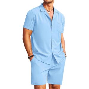 imageCOOFANDY Mens 2 Pieces Shirt Set Short Sleeve Button Down Casual Hippie Holiday Beach TShirts Shorts OutfitsAblue
