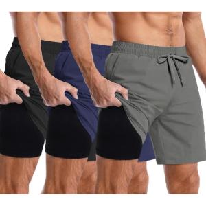 imageCOOFANDY Mens 2 in 1 Running Shorts 2 Pack Athletic Shorts Quick Dry Gym Training Workout Shorts with PocketsBlackDark GreyNavy Blue