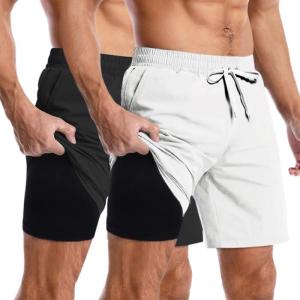 imageCOOFANDY Mens 2 in 1 Running Shorts 2 Pack Athletic Shorts Quick Dry Gym Training Workout Shorts with PocketsBlackWhite