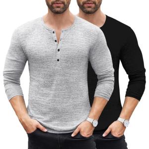 imageCOOFANDY Mens 2Pack Slim Fit Henley Shirts Long Sleeve Lightweight Fashion Casual Cotton Basic T ShirtsBlackLight Gray